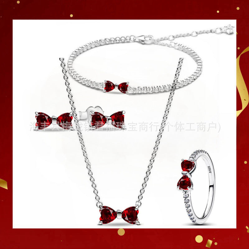 Panjia Silver Plated Hot Selling Product Bow Necklace Ear Stud Ring Bracelet4Set Gift Set Women's All-Matching