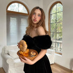 Celebrity Custom High-End Fur Single-Piece Strapless Velvet Dress with Gloves and Fur Shawl European Style Evening Elegant Look