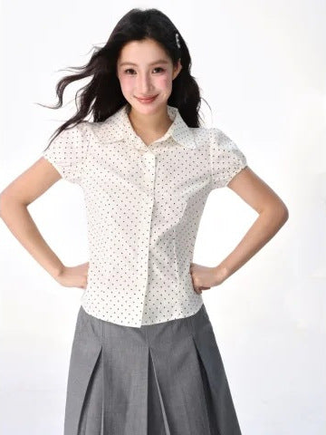 Star Custom Polka Dot Elastic Cuff Turn-Down Collar Shirt for Women Summer Slim Fit Sweet Design Short Sleeve Shirt