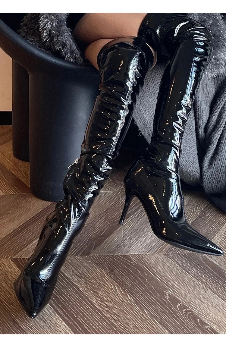 2025New Large Size Pointed Toe Back Zipper Stiletto Heel Women's Boots Over-the-Knee Bright Leather Long Boots