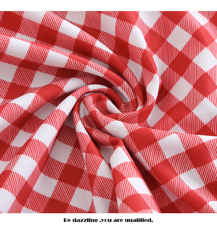 Custom Celebrity Design2025New Korean Niche Pure Desire Style Red Plaid Slimming Covering Body Conservative Beach Hot Spring One-Piece Swimsuit for Women