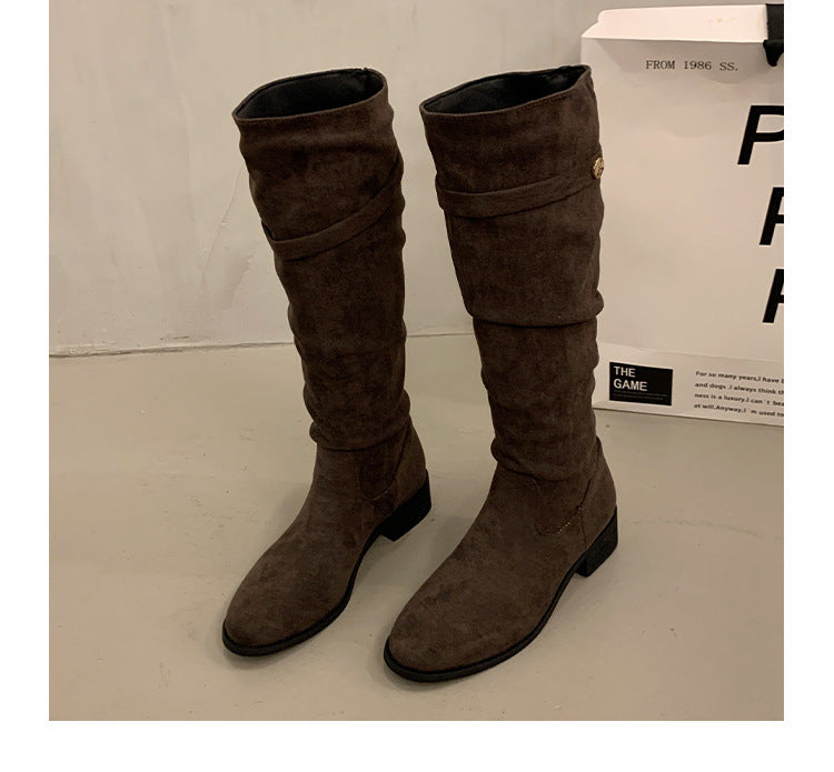 Over-the-Knee Khaki Slouch Boots High Tube Riding Boots Women's Shoes New Autumn Winter Pleated Slimming Long Boots