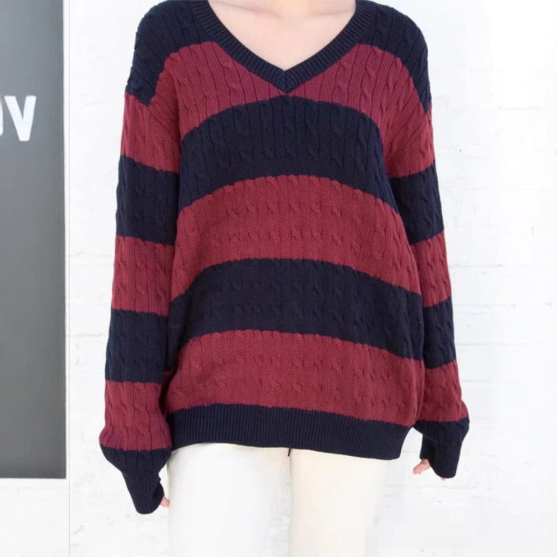 "Library Crush" Oversized Cable Knit - Preppy Striped Pullover