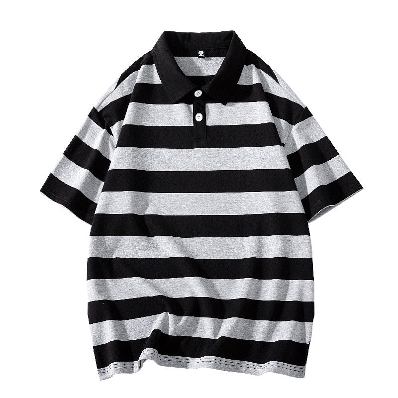 Star Style Classic Short Sleeve Unisex Summer New Loose Fit Trendy Brand Solid Color Couple Hong Kong Style Double Pearl Cotton Short Sleeve T Shirt Lapel POLO Shirt