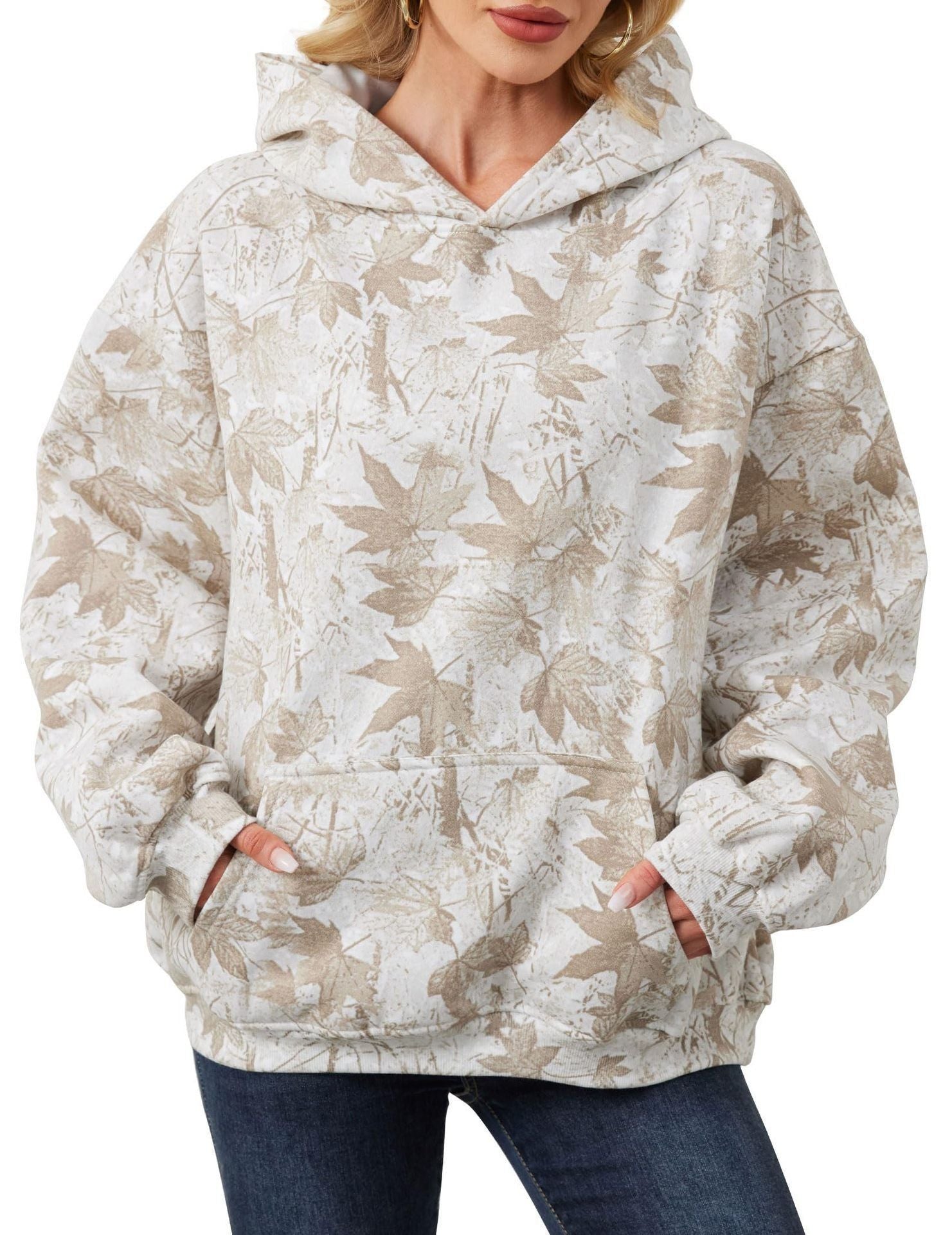 2025European and Autumn New Women's Fashion3d Digital Printed Camouflage Maple Leaf Sweatshirt Jacket