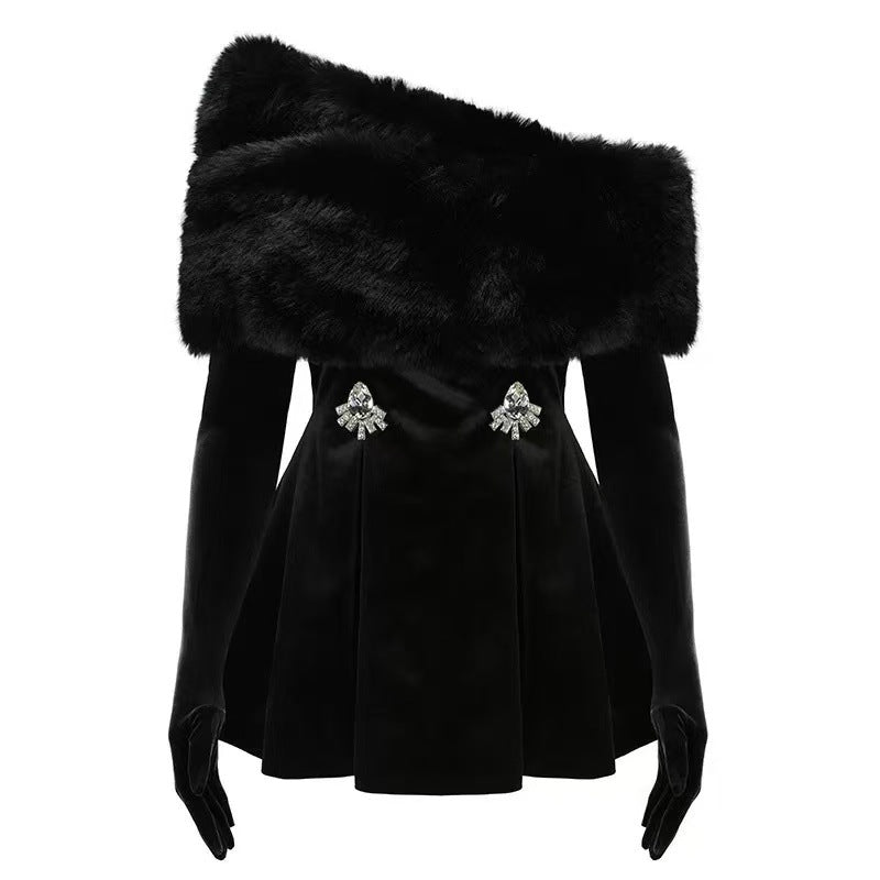 Celebrity Custom High-End Fur Single-Piece Strapless Velvet Dress with Gloves and Fur Shawl European Style Evening Elegant Look