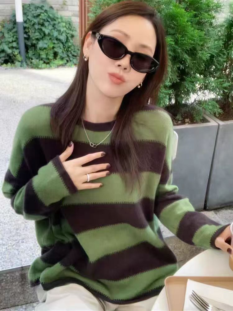 High-Quality Wool Fleece Feel Color-Block Crew Neck Sweater Loose Knitwear Wool Sweater for Women Australian Green