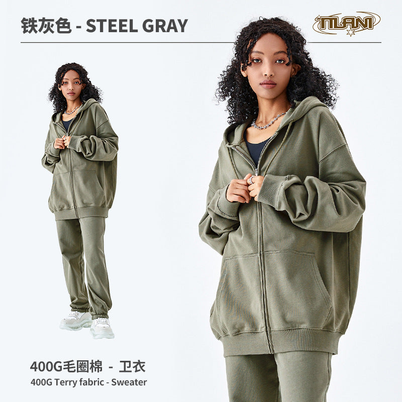 TILANI Men's Fashion Brand Dopamine400G Zipper Jacket Solid Color Unisex Cardigan Hooded Sweatshirt