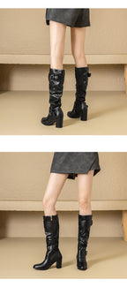 33-52Plus Size Autumn Winter Women's Boots with Belt Buckle, Thick High Heel, Knee-High Long Boots H776