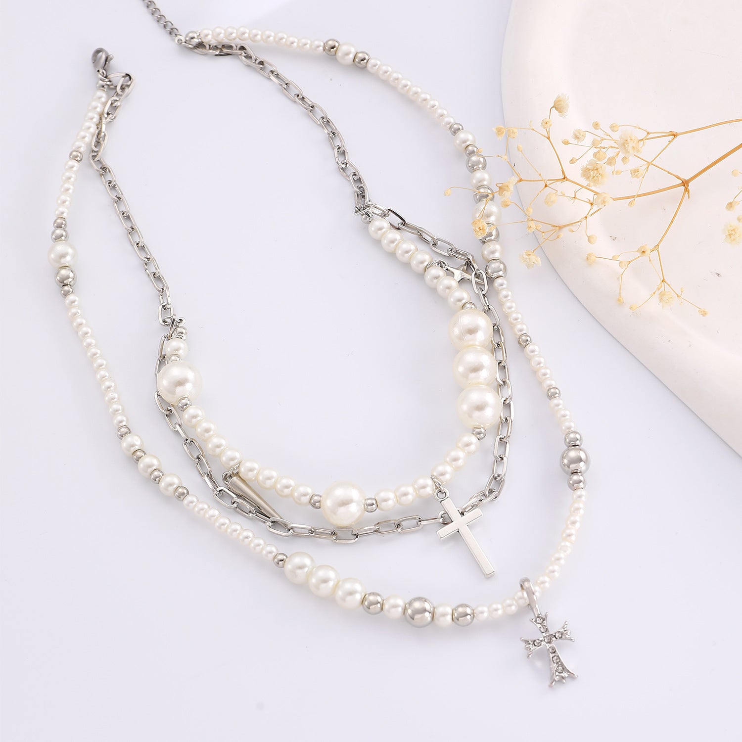 Celebrity Style Jewelry Niche Design Hot Girl Imitation Pearl Tassel Heart Cross Butterfly Versatile Necklace for Women