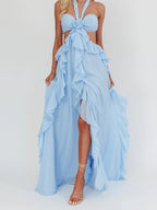 Spring and Summer New Sexy Lace-Up Strapless Backless Lace-Up Ruffle Long Dress Women's Fashion