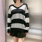 "Library Crush" Oversized Cable Knit - Preppy Striped Pullover