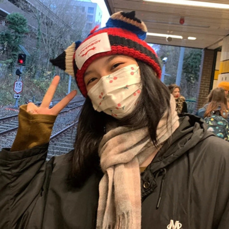 Winter Hat for Women Korean Style Knitted Cat Ear Hip-Hop Beanie Personalized Letter Warm Pullover Hat Internet Celebrity Same Style