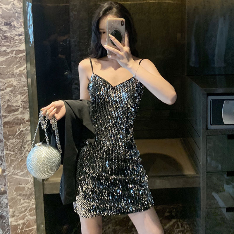 Sequin Strap Dress Little Black Dress Nightclub Black Slimming Sexy Disco Women's Short Dress Party Gathering Dress