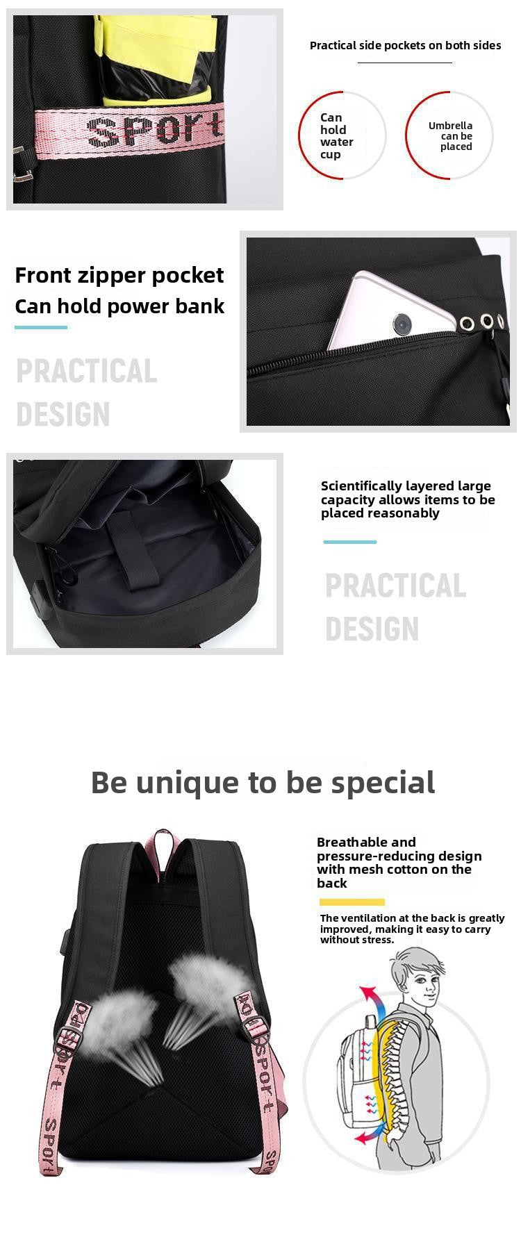 Same Style as Stars Billie Backpack Star l Empty USB Rechargeable Travel Backpack Student School Bag