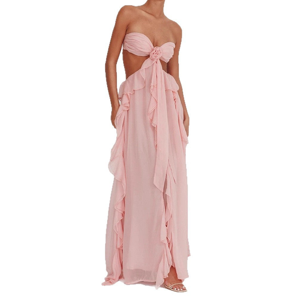 Spring and Summer New Sexy Lace-Up Strapless Backless Lace-Up Ruffle Long Dress Women's Fashion