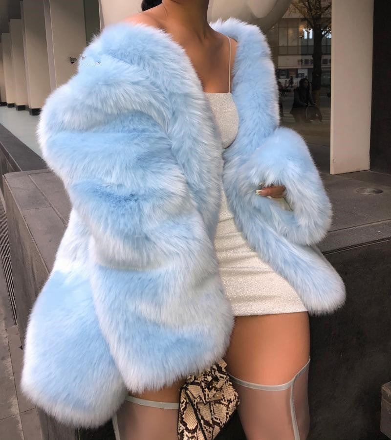 Fur Factory Direct Sale Fur Coat Imitation Fox Fur Round Neck Mid-Length Long Sleeve Plus Size Black Women's Clothing