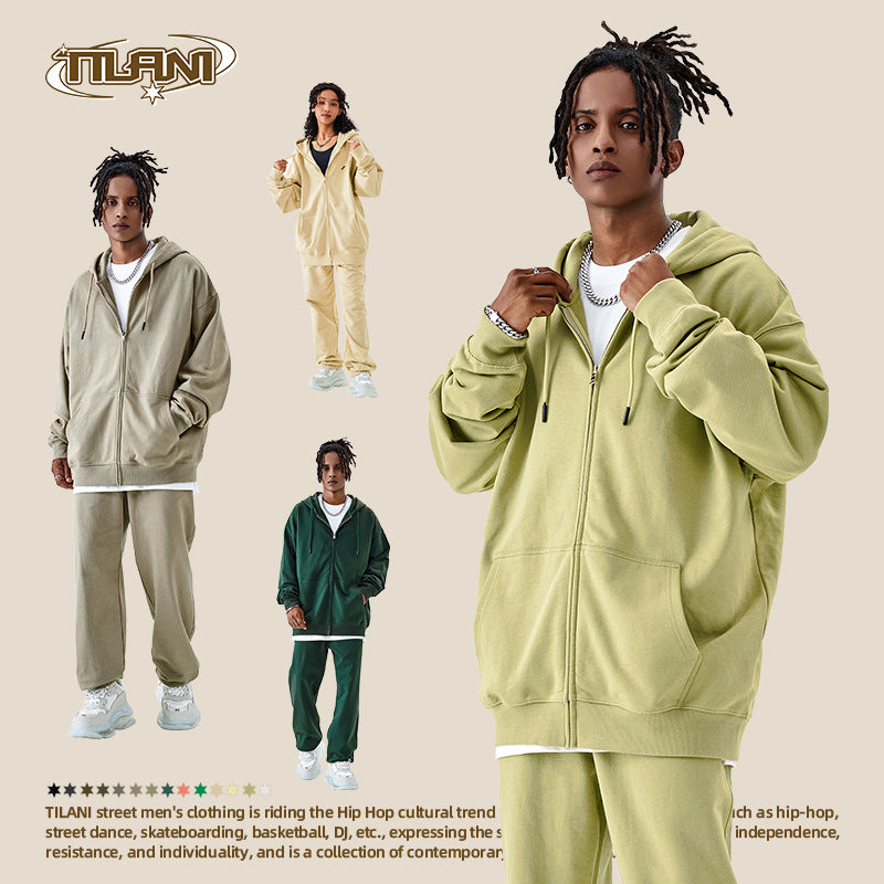 TILANI Men's Fashion Brand Dopamine400G Zipper Jacket Solid Color Unisex Cardigan Hooded Sweatshirt