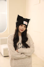 Korean Style Sweet Cute Cat Ear Knitted Hat for Women, Autumn and Winter Warm Ear Protection with Letter Patch, Versatile Knit Hat