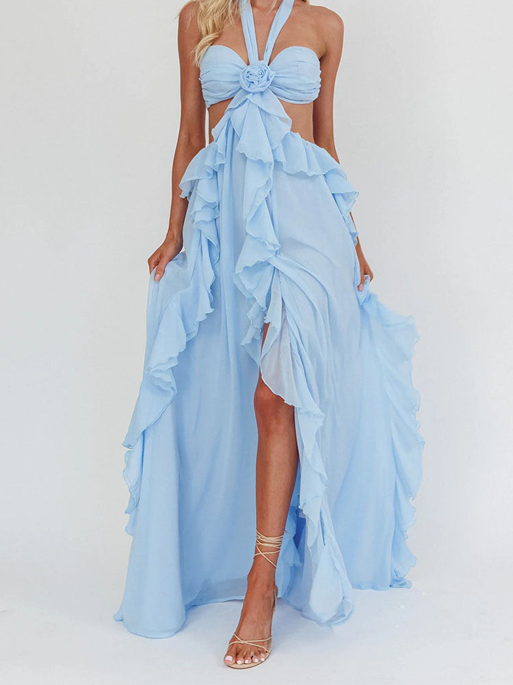 Spring and Summer New Sexy Lace-Up Strapless Backless Lace-Up Ruffle Long Dress Women's Fashion