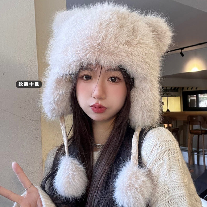 Little Bear Ear Protection Hat for Women, Autumn and Winter Warmth, Thickened with Fleece2025New Plush Cute Lei Feng Hat