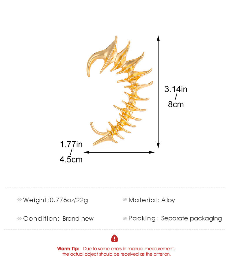 Star Style Thorn Spine Skeleton Mechanical Style Ear Hook Niche Design Irregular Metal Non-Pierced Ear Clip Unisex Earrings Has Been Blessed for Safety