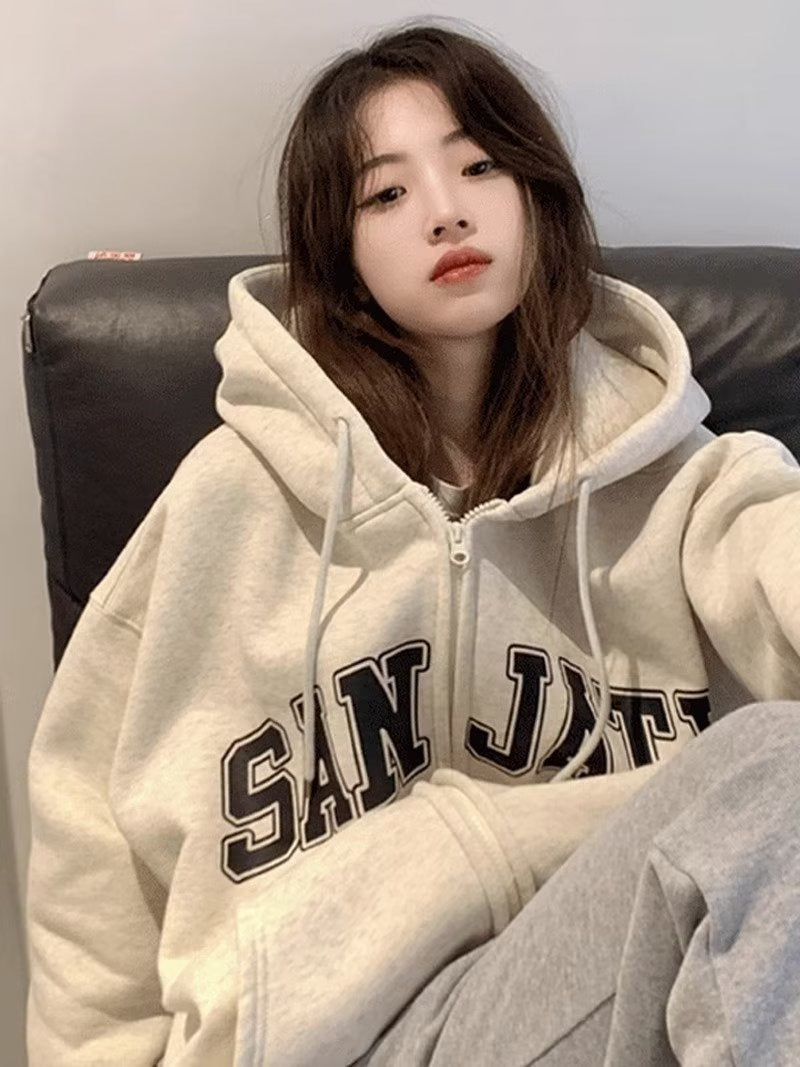 Fleece-Lined Cardigan Hooded Sweatshirt for Women, New Loose Casual Lazy Style for Autumn and Winter, Versatile Outerwear