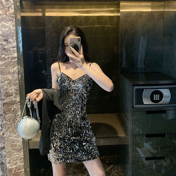 Sequin Strap Dress Little Black Dress Nightclub Black Slimming Sexy Disco Women's Short Dress Party Gathering Dress