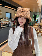 New Korean Style Casual Hat for Women Winter Cute Leopard Print Plush Fisherman Hat Korean Style Warm Versatile Student Bucket Hat