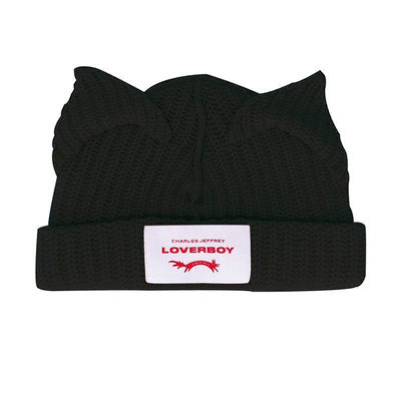 Winter Hat for Women Korean Style Knitted Cat Ear Hip-Hop Beanie Personalized Letter Warm Pullover Hat Internet Celebrity Same Style