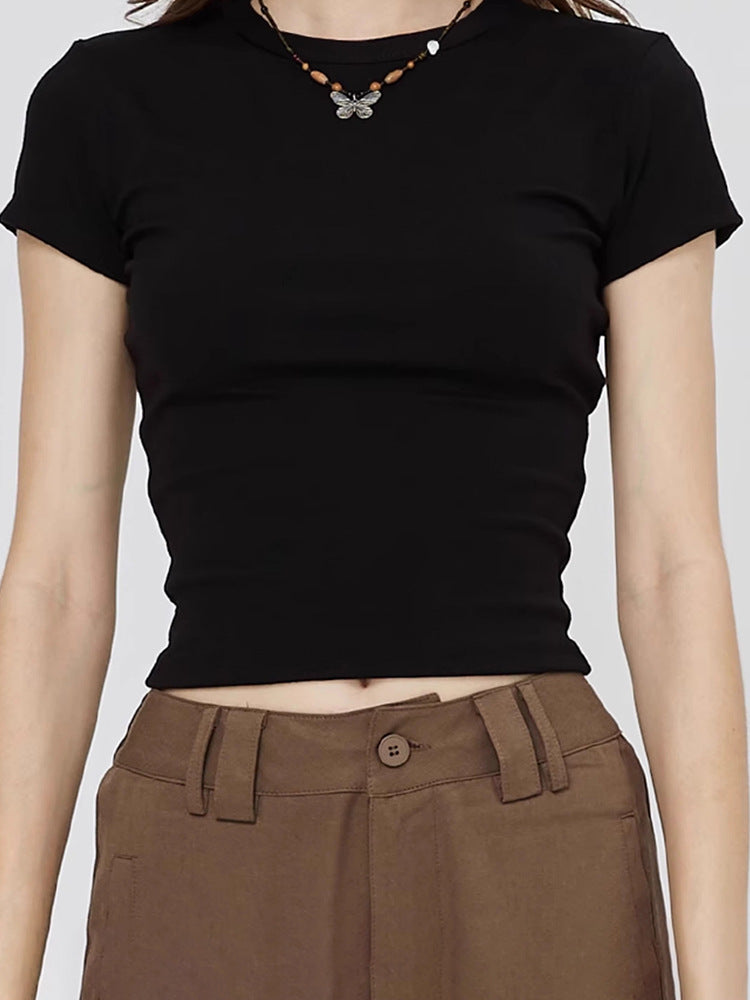 Custom Celebrity Straight Shoulder SKIMS Skin-friendly Kendall Jenner Style Short Sleeve t Women's Summer American Style Pure Desire Slim Fit Versatile Short Top