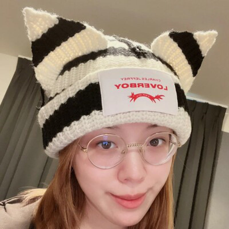 Winter Hat for Women Korean Style Knitted Cat Ear Hip-Hop Beanie Personalized Letter Warm Pullover Hat Internet Celebrity Same Style