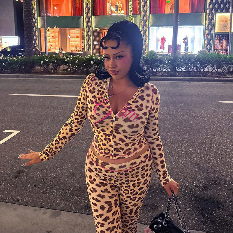 Summer New Printed Hooded Cardigan Top Leopard Print High Waist Slim Fit Long Pants Set for Women