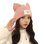 Korean Style Sweet Cute Cat Ear Knitted Hat for Women, Autumn and Winter Warm Ear Protection with Letter Patch, Versatile Knit Hat
