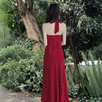Star Custom Celebrity Design2025Spring and Summer French Retro Sweetheart V Red Polka Dot Halter Neck Dress for Women, Backless Tie Strap Vest Long Dress