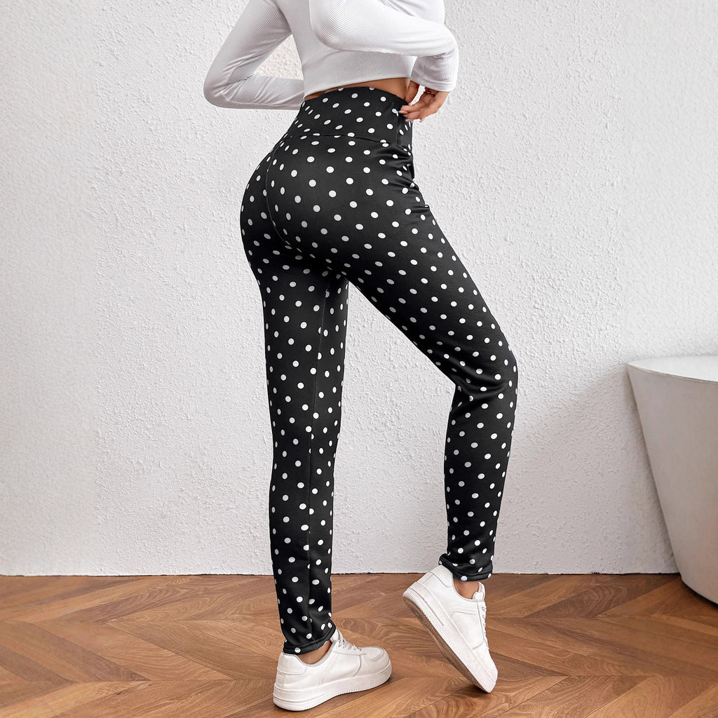 Hot-Selling Lamb Wool Polka Dot Print High-Waisted Slim Fit Warm Women's Leggings Winter New Tight-Fitting