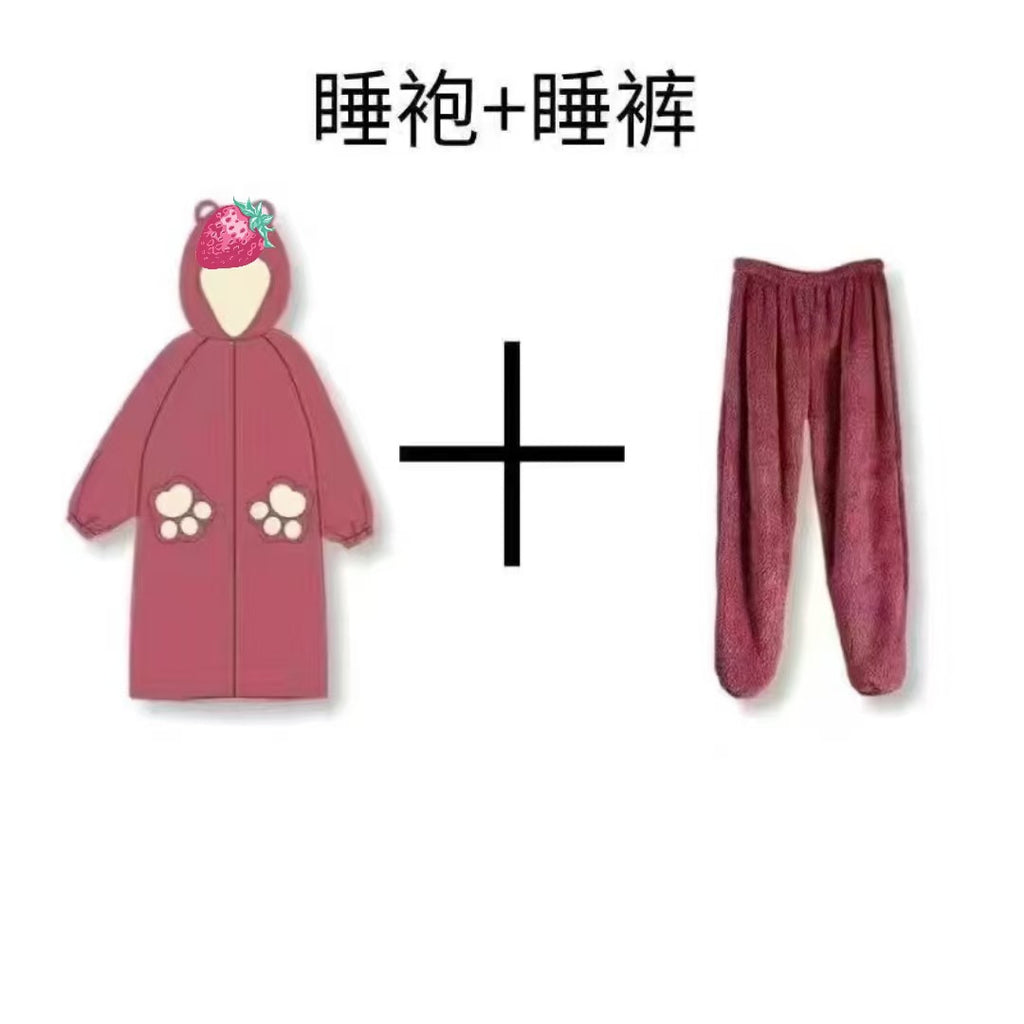 Autumn Winter Little Yellow Chicken One-Piece Pajamas Funny Cute Coral Fleece Couple Robe Unisex Homewear