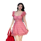 Custom Celebrity Design2025New Korean Niche Pure Desire Style Red Plaid Slimming Covering Body Conservative Beach Hot Spring One-Piece Swimsuit for Women