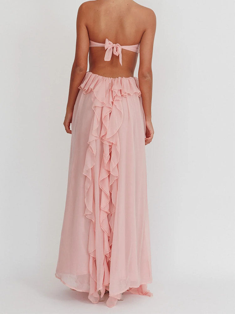 Spring and Summer New Sexy Lace-Up Strapless Backless Lace-Up Ruffle Long Dress Women's Fashion