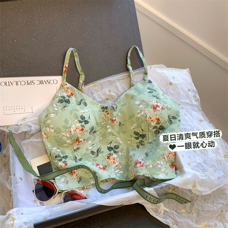 Custom Celebrity Design（with Chest Pad）Sexy Pure Desire Floral Short Camisole Summer High Waist Crop Top Versatile Top