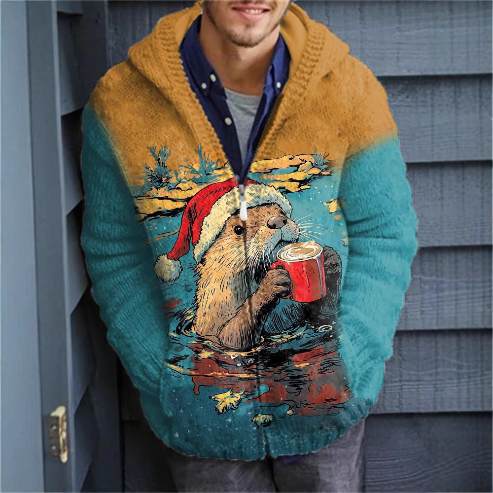 2025Hot Selling  Foreign Trade New Christmas3D Digital Printed Casual Zipper Hooded Jacket