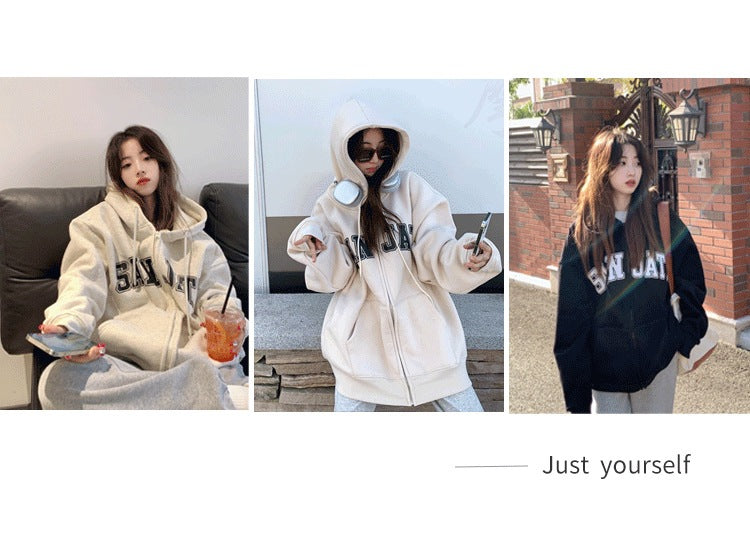 Fleece-Lined Cardigan Hooded Sweatshirt for Women, New Loose Casual Lazy Style for Autumn and Winter, Versatile Outerwear