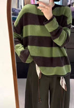High-Quality Wool Fleece Feel Color-Block Crew Neck Sweater Loose Knitwear Wool Sweater for Women Australian Green