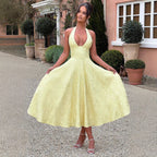 New V Collared Halter Neck Sleeveless Jacquard Tie Waist Dress Mid-Length High-End Formal Dress Trendy