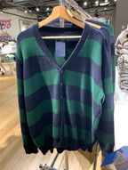 BM Style Retro College Style V-Neck Green Striped Loose BM Knitted Sweater Cardigan Coat for Women