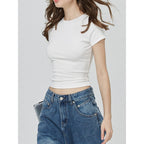 Custom Celebrity Straight Shoulder SKIMS Skin-friendly Kendall Jenner Style Short Sleeve t Women's Summer American Style Pure Desire Slim Fit Versatile Short Top