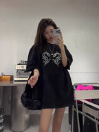 100%100% Cotton Fashion Trendy Brand Short Sleeve t Korean Style Women's Loose Hong Kong Style Heavy Rhinestone Slimming Half Sleeve Top
