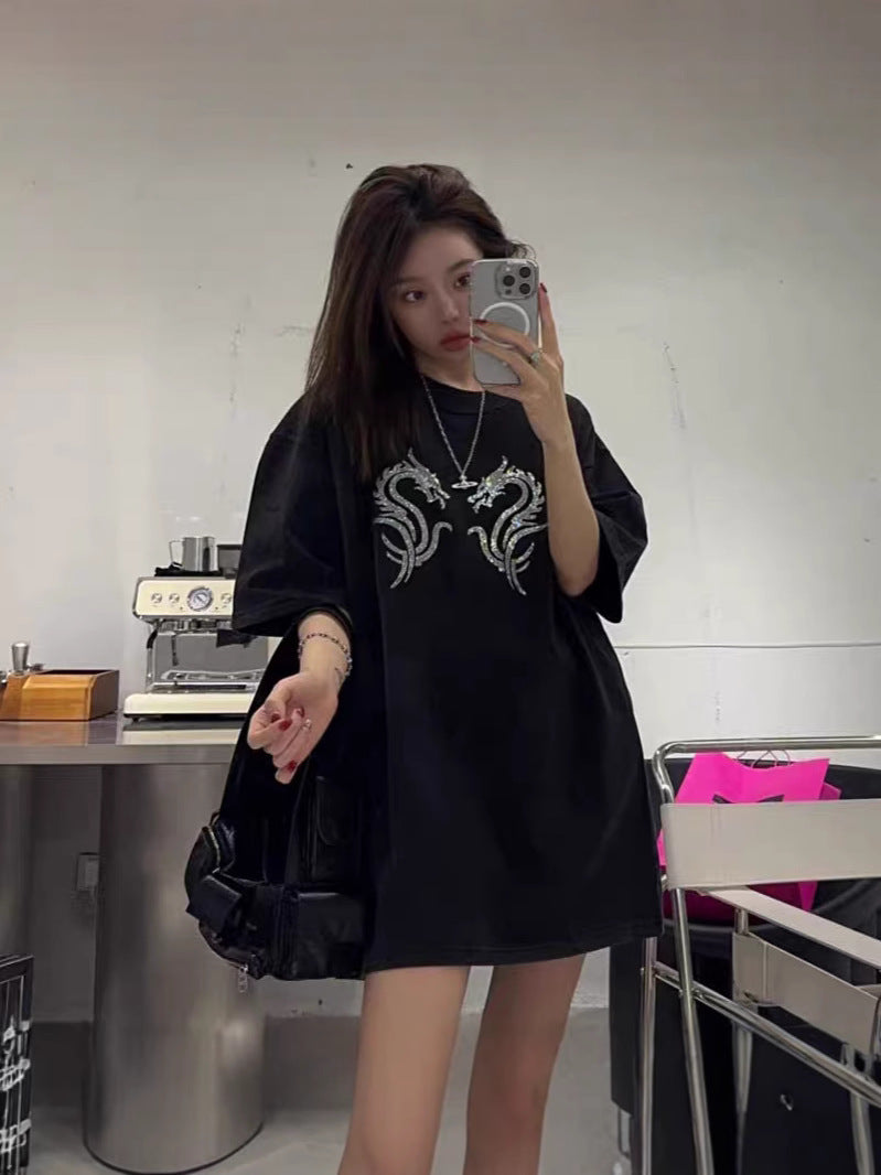 100%100% Cotton Fashion Trendy Brand Short Sleeve t Korean Style Women's Loose Hong Kong Style Heavy Rhinestone Slimming Half Sleeve Top