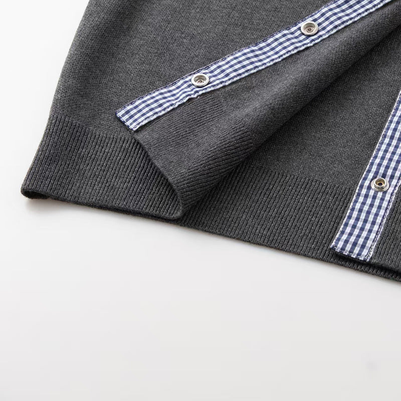 Custom Celebrity Design2025Autumn New Versatile Loose Fit Shirt Collar Plaid Patchwork Fake Two-Piece Knitted Sweater for Women 1EDF4173