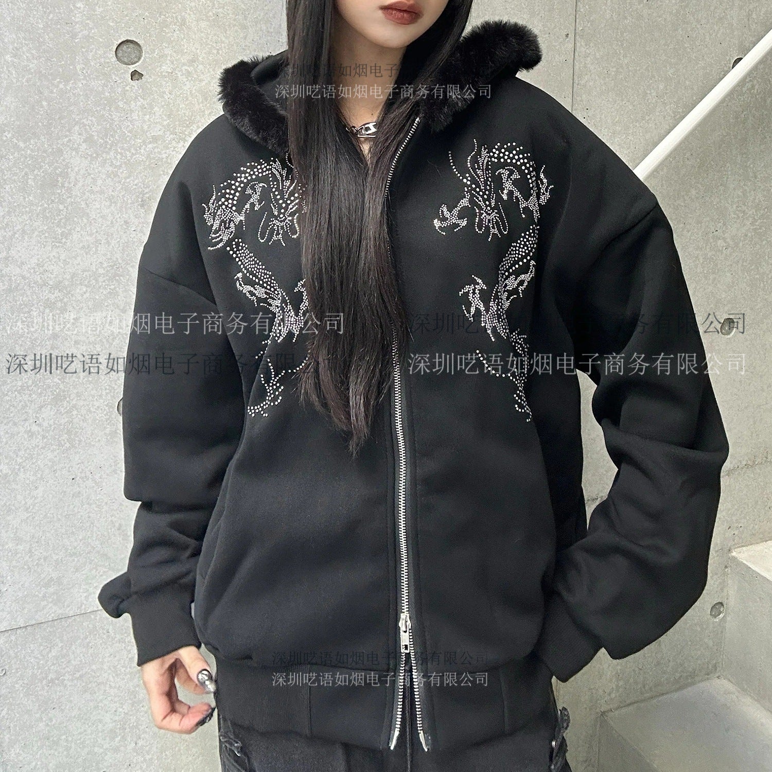 Loose Zipper Sweatshirt with Rhinestones, Long Sleeve Pullover Hoodie, Vintage Jacket for Street Style